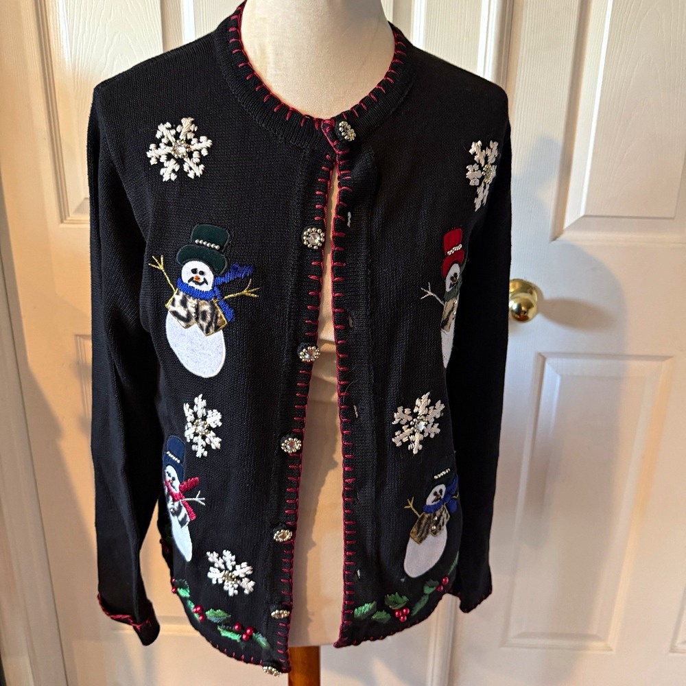 Vintage B.P. Design Snowman Ugly Christmas Cardigan S Beaded Applique Black